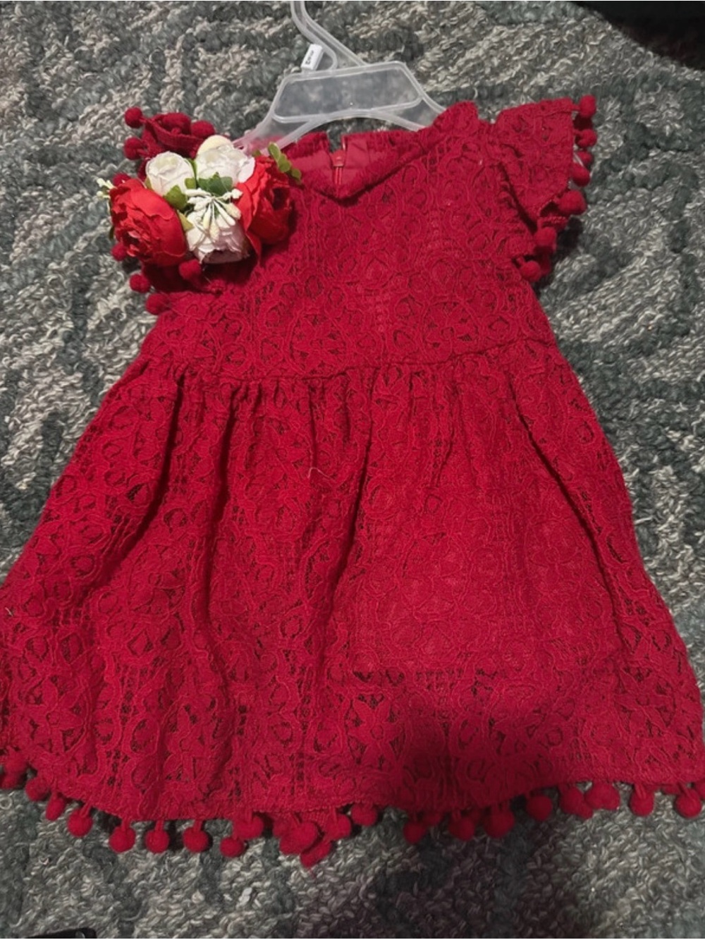 Girls Red Lace Pom-Pom Sleeve Dress